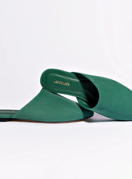 Larroude Venice Flat Mule and Pouch Kit In Emerald Suede