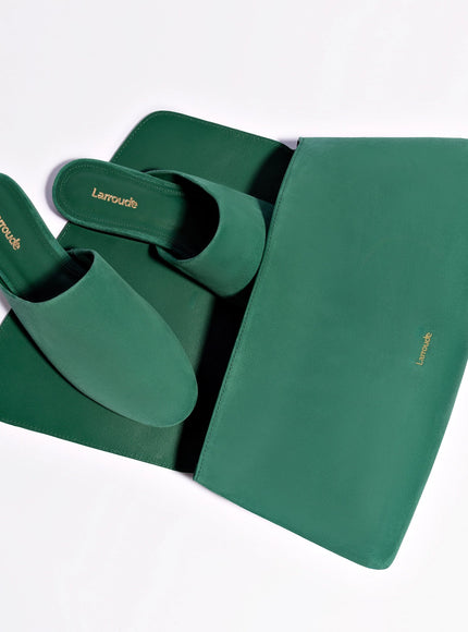 Larroude Venice Flat Mule and Pouch Kit In Emerald Suede