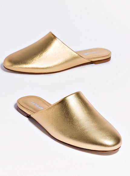 Larroude Venice Flat Mule and Pouch Kit In Gold Metallic Leather