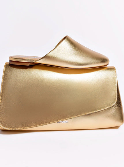 Larroude Venice Flat Mule and Pouch Kit In Gold Metallic Leather