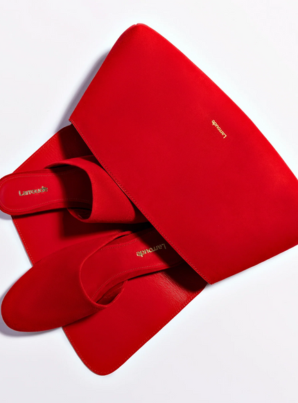 Larroude Venice Flat Mule and Pouch Kit In Scarlet Suede