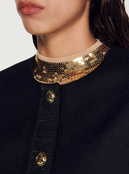 Sandro Cropped Jacket with Contrast Cuffs and Gold Buttons