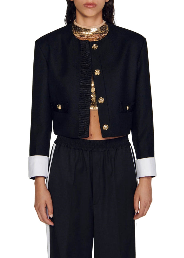 Sandro Cropped Jacket with Contrast Cuffs and Gold Buttons