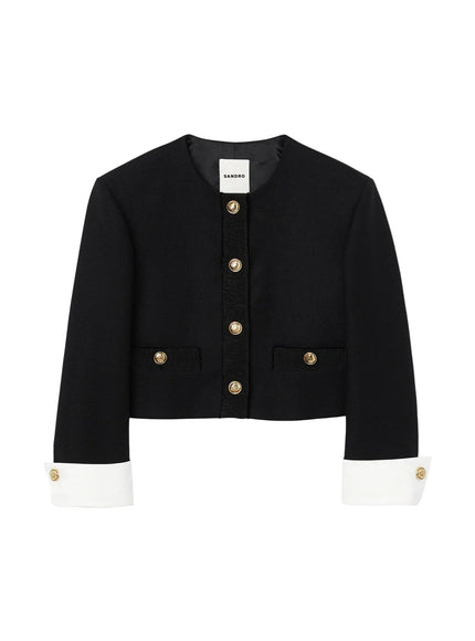 Sandro Cropped Jacket with Contrast Cuffs and Gold Buttons