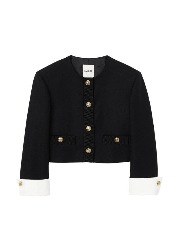 Sandro Cropped Jacket with Contrast Cuffs and Gold Buttons