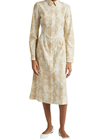 Lela Rose Striped Floral-Print Midi Shirtdress