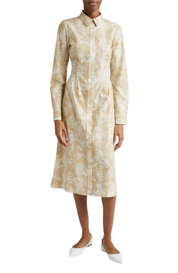 Lela Rose Striped Floral-Print Midi Shirtdress