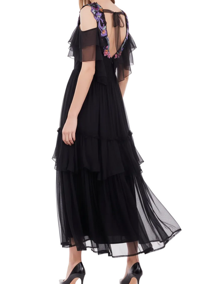 Alberta Ferretti Black Tiered Chiffon Dress with Floral Embroidery
