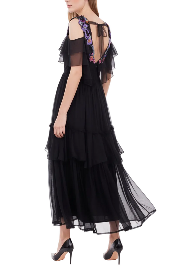 Alberta Ferretti Black Tiered Chiffon Dress with Floral Embroidery