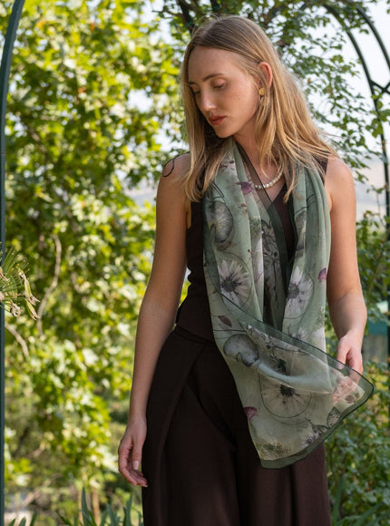 Elizabetta Botanica Long Sheer Silk Scarf - Green
