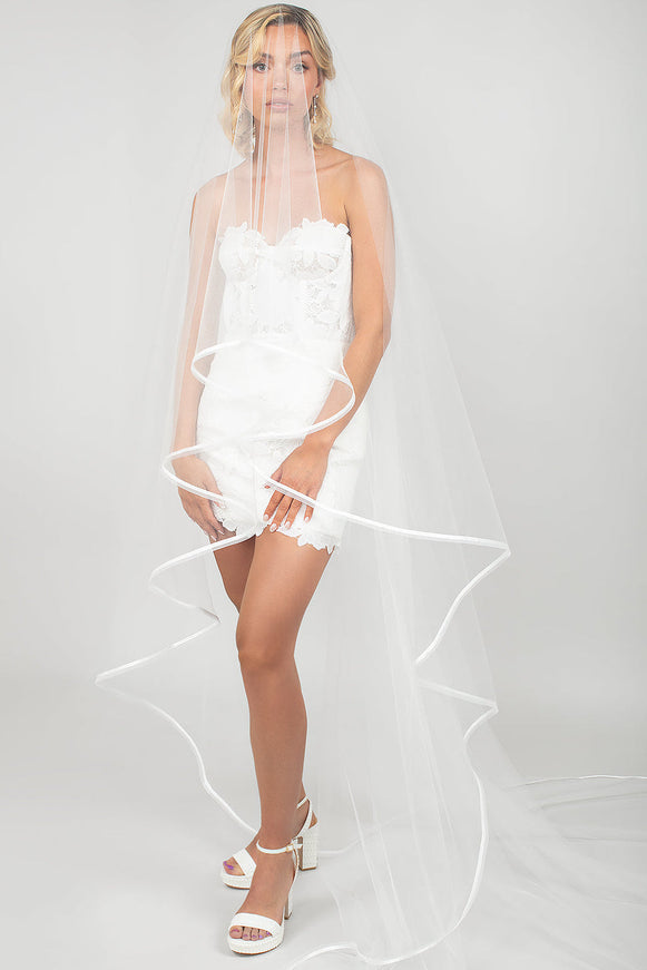 Ariel Taub Tenley Two-Tier Cathedral Veil with Ribbon & Horsehair Trim