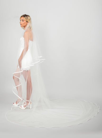 Ariel Taub Tenley Two-Tier Cathedral Veil with Ribbon & Horsehair Trim