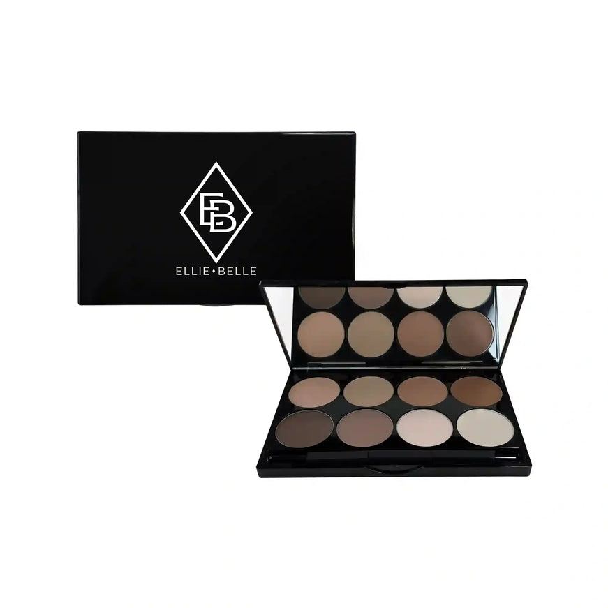 a black and white photo of a makeup palette