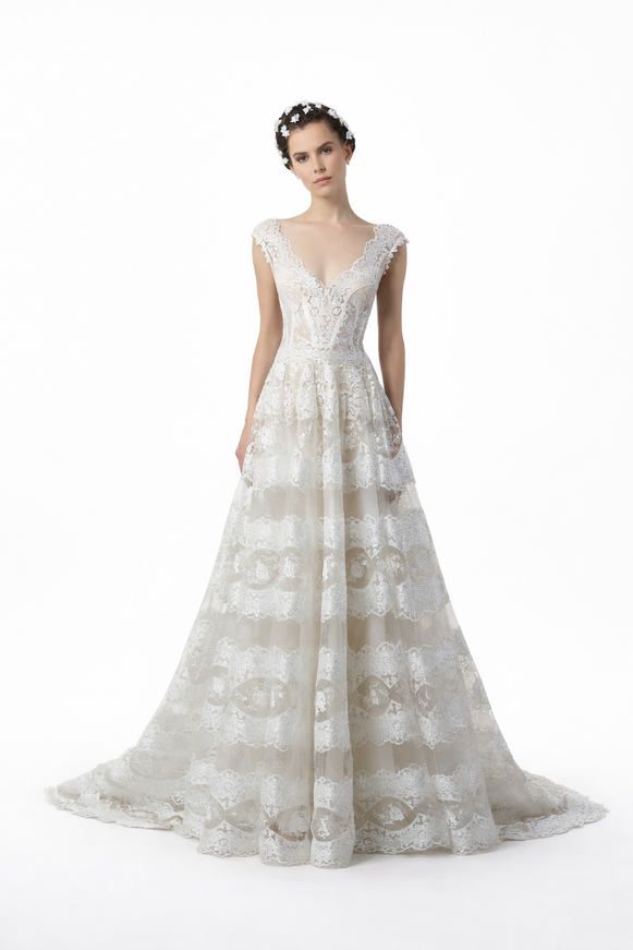 Gemy Maalouf A-Line Lace Gown White