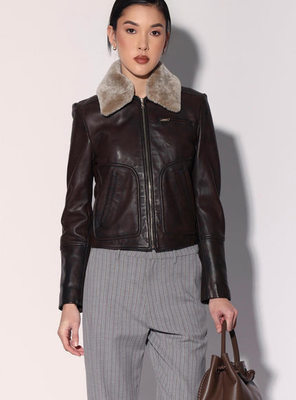 Walter Baker Liza Jacket Brown Leather Taupe Fur