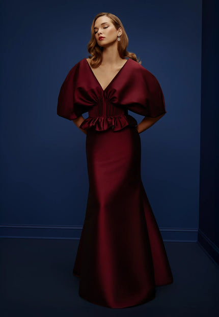 Anne Barge Ballard Stretch Twill Puff Sleeve Evening Gown