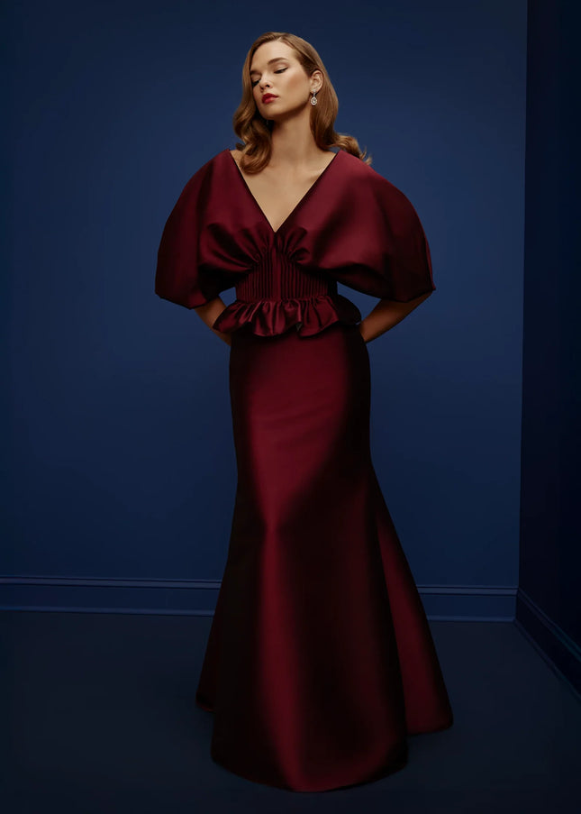 Anne Barge Ballard Stretch Twill Puff Sleeve Evening Gown