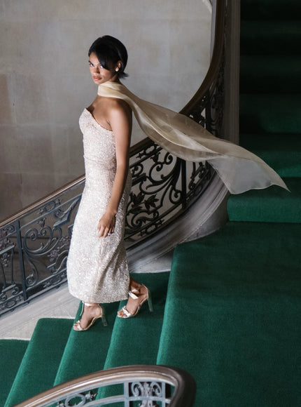 Anne Barge Beech Beaded Lace Strapless Midi Gown