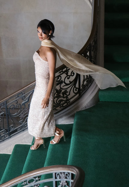 Anne Barge Beech Beaded Lace Strapless Midi Gown