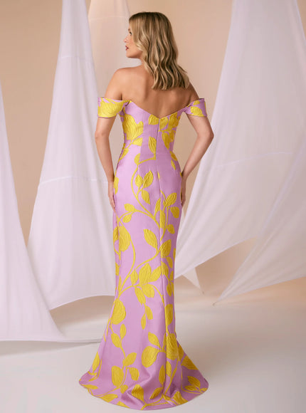 Anne Barge Fletcher Jacquard Off Shoulder Fitted Gown