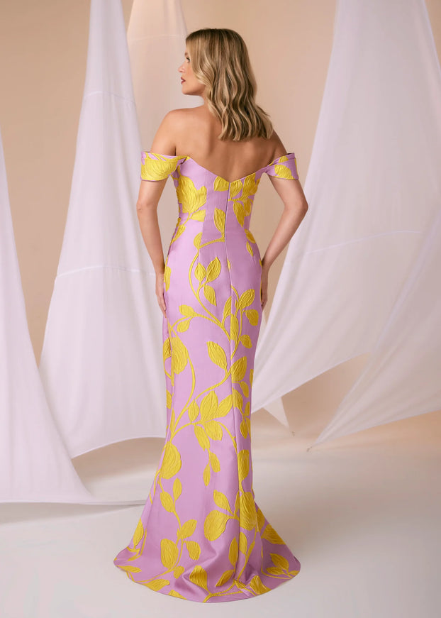 Anne Barge Fletcher Jacquard Off Shoulder Fitted Gown