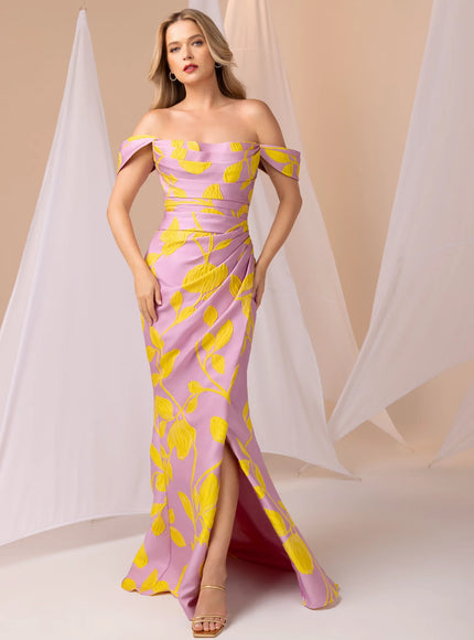 Anne Barge Fletcher Jacquard Off Shoulder Fitted Gown