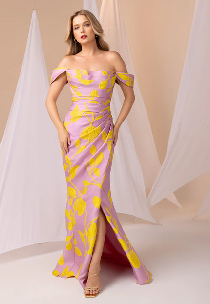 Anne Barge Fletcher Jacquard Off Shoulder Fitted Gown