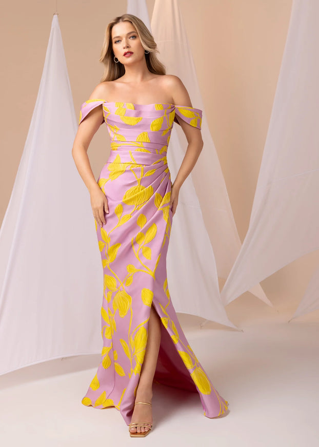 Anne Barge Fletcher Jacquard Off Shoulder Fitted Gown