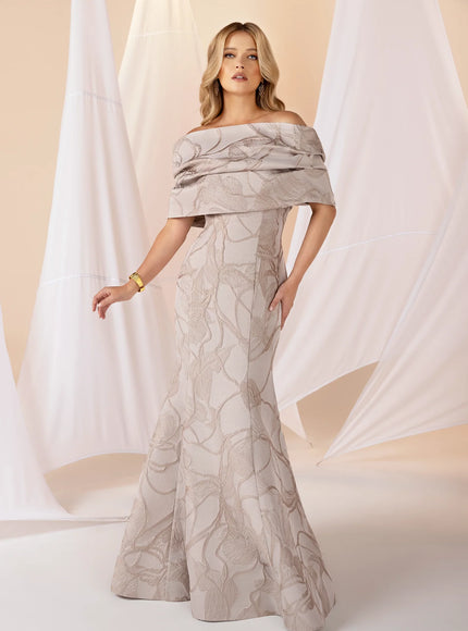 Anne Barge Stewart Tonal Metallic Leaf Jacquard Gown