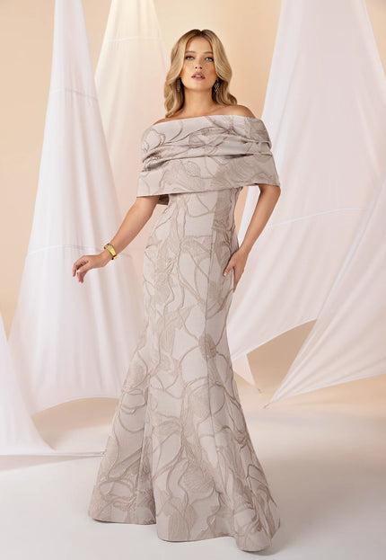 Anne Barge Stewart Tonal Metallic Leaf Jacquard Gown