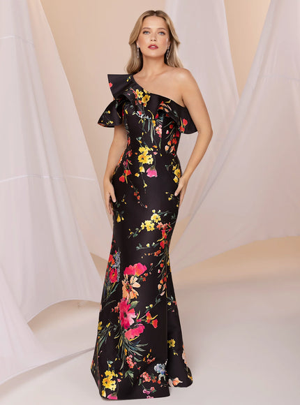 Anne Barge Miller Floral Mikado One Shoulder Gown