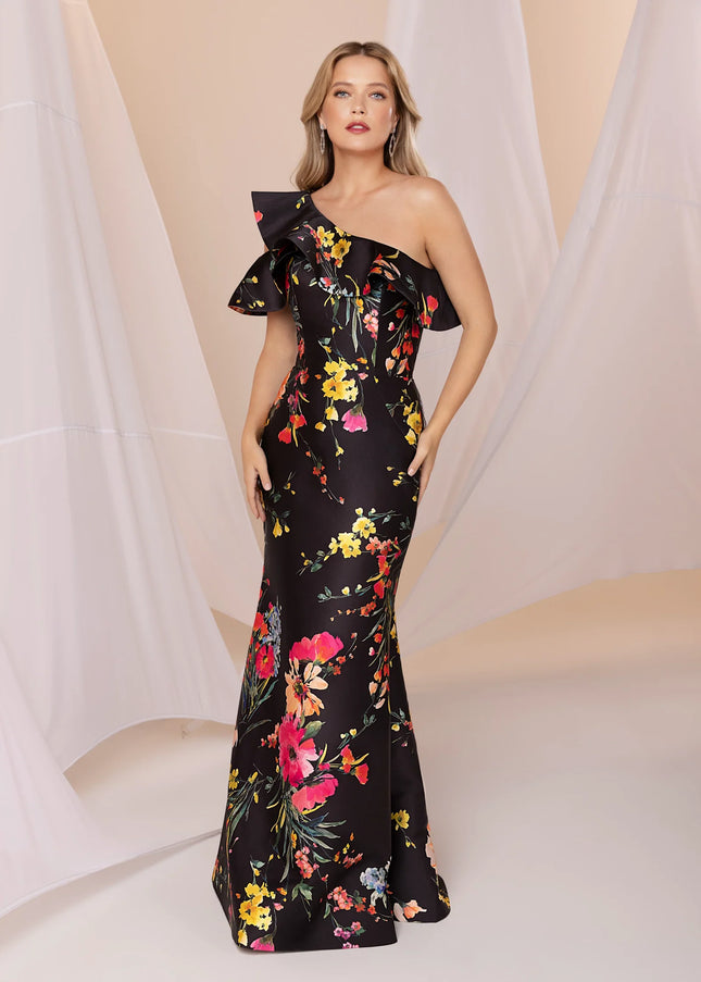 Anne Barge Miller Floral Mikado One Shoulder Gown