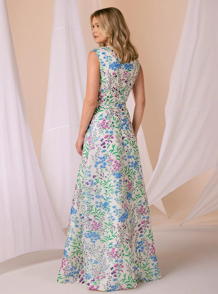 Anne Barge Quinn Printed Organza Crew Neck A-Line Gown