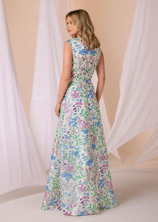 Anne Barge Quinn Printed Organza Crew Neck A-Line Gown
