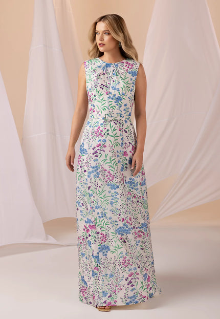 Anne Barge Quinn Printed Organza Crew Neck A-Line Gown
