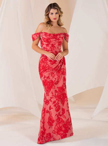 Anne Barge Lottie Floral Jacquard Off Shoulder Fitted Gown