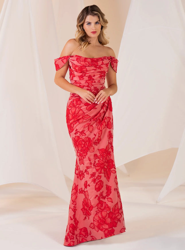 Anne Barge Lottie Floral Jacquard Off Shoulder Fitted Gown