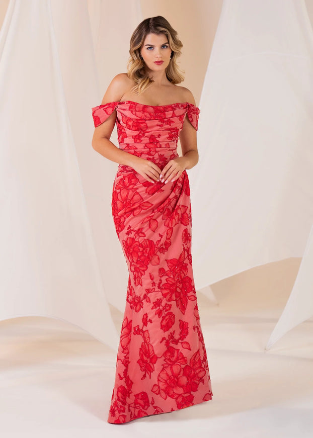 Anne Barge Lottie Floral Jacquard Off Shoulder Fitted Gown