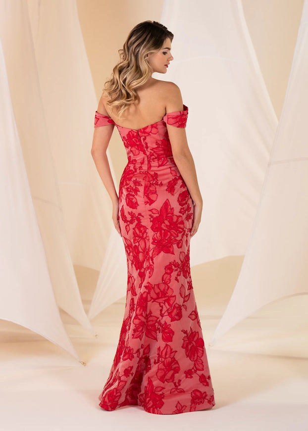 Anne Barge Lottie Floral Jacquard Off Shoulder Fitted Gown