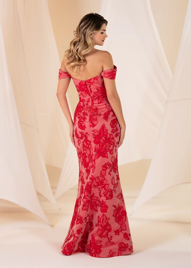 Anne Barge Lottie Floral Jacquard Off Shoulder Fitted Gown
