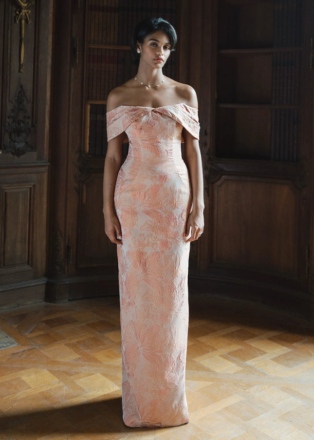 Anne Barge Radnor Jacquard Column Gown with Shawl