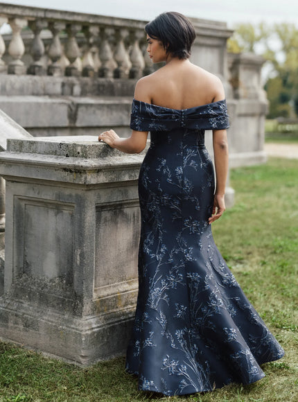 Anne Barge Reyes Jacquard Trumpet Gown with Shawl