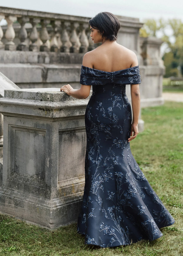 Anne Barge Reyes Jacquard Trumpet Gown with Shawl