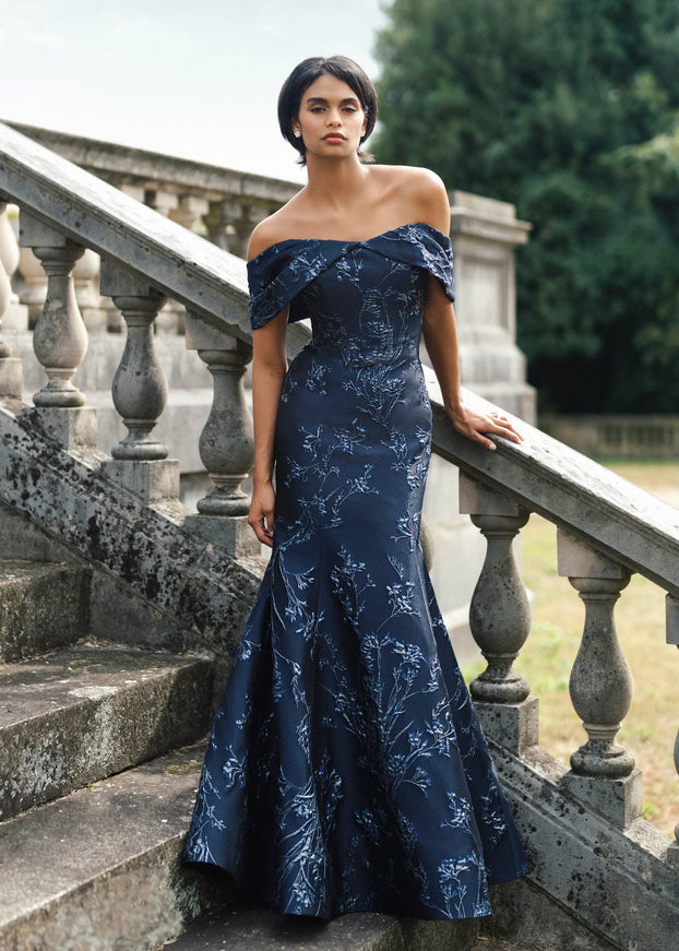 Anne Barge Reyes Jacquard Trumpet Gown with Shawl