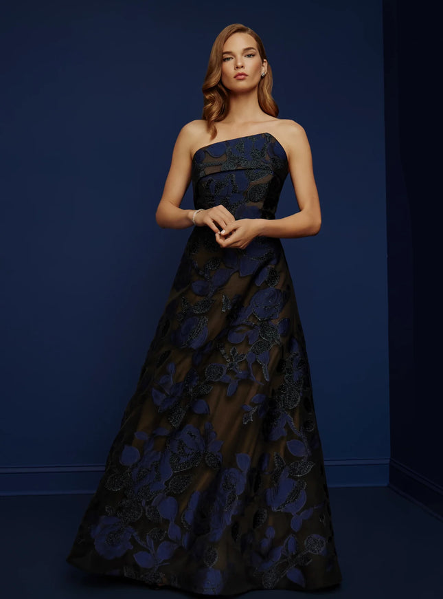 Anne Barge Riggs Metallic Jacquard A-Line Evening Gown