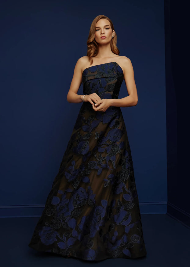 Anne Barge Riggs Metallic Jacquard A-Line Evening Gown