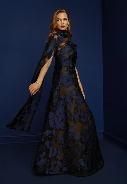 Anne Barge Riggs Metallic Jacquard A-Line Evening Gown