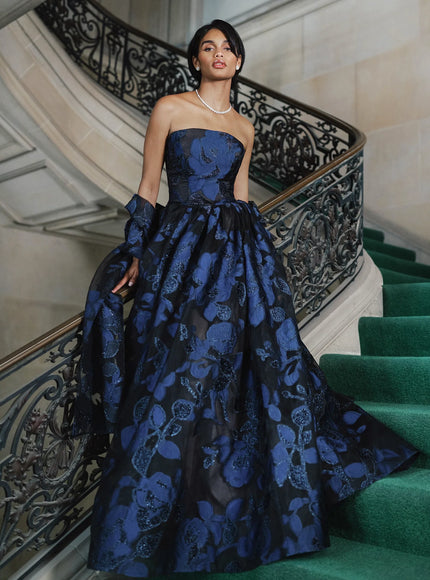 Anne Barge Splendor Jacquard Floral Strapless Gown