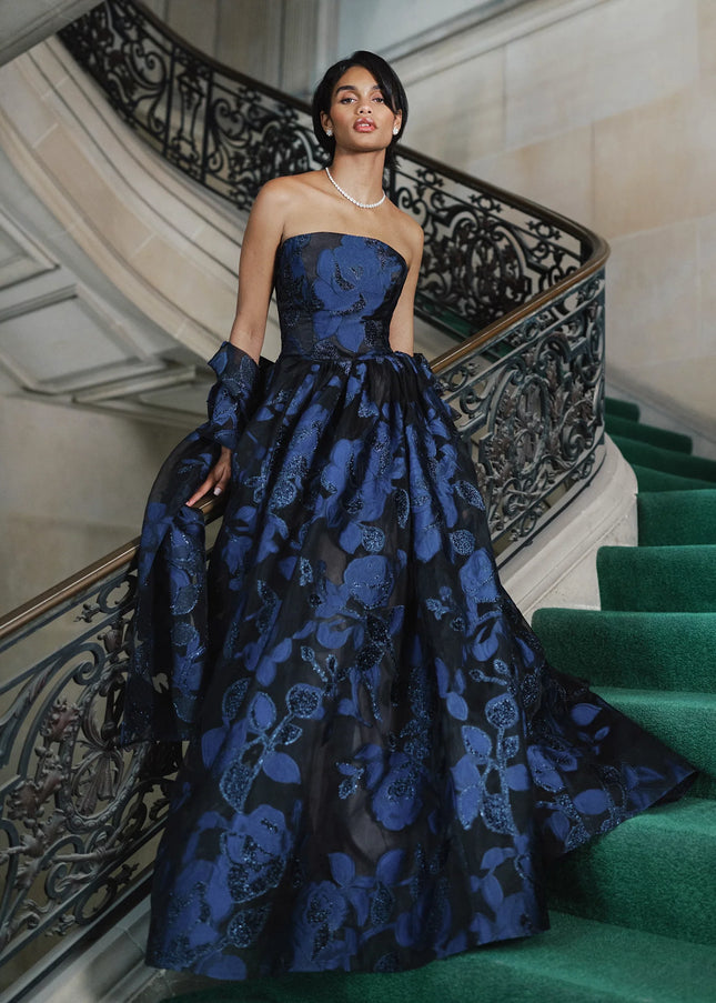 Anne Barge Splendor Jacquard Floral Strapless Gown