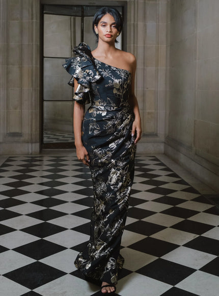 Anne Barge Raphael Jacquard One Shoulder Gown